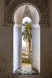 Málaga, Window in Moorish Fortress  (Gibralfaro) overlooking town.