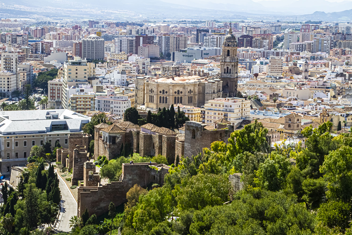 Spain, Town Centre in Malaga, taken from the footpath to Monte Gibralfaro.