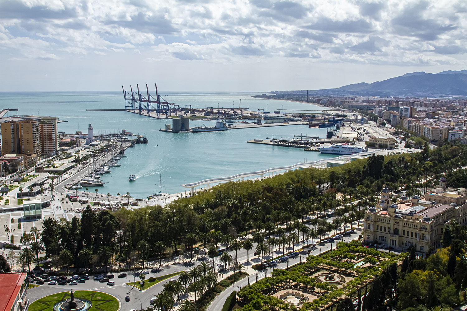 Spain,Port and main Harbour in Malaga, taken from the footpath to Monte Gibralfaro.