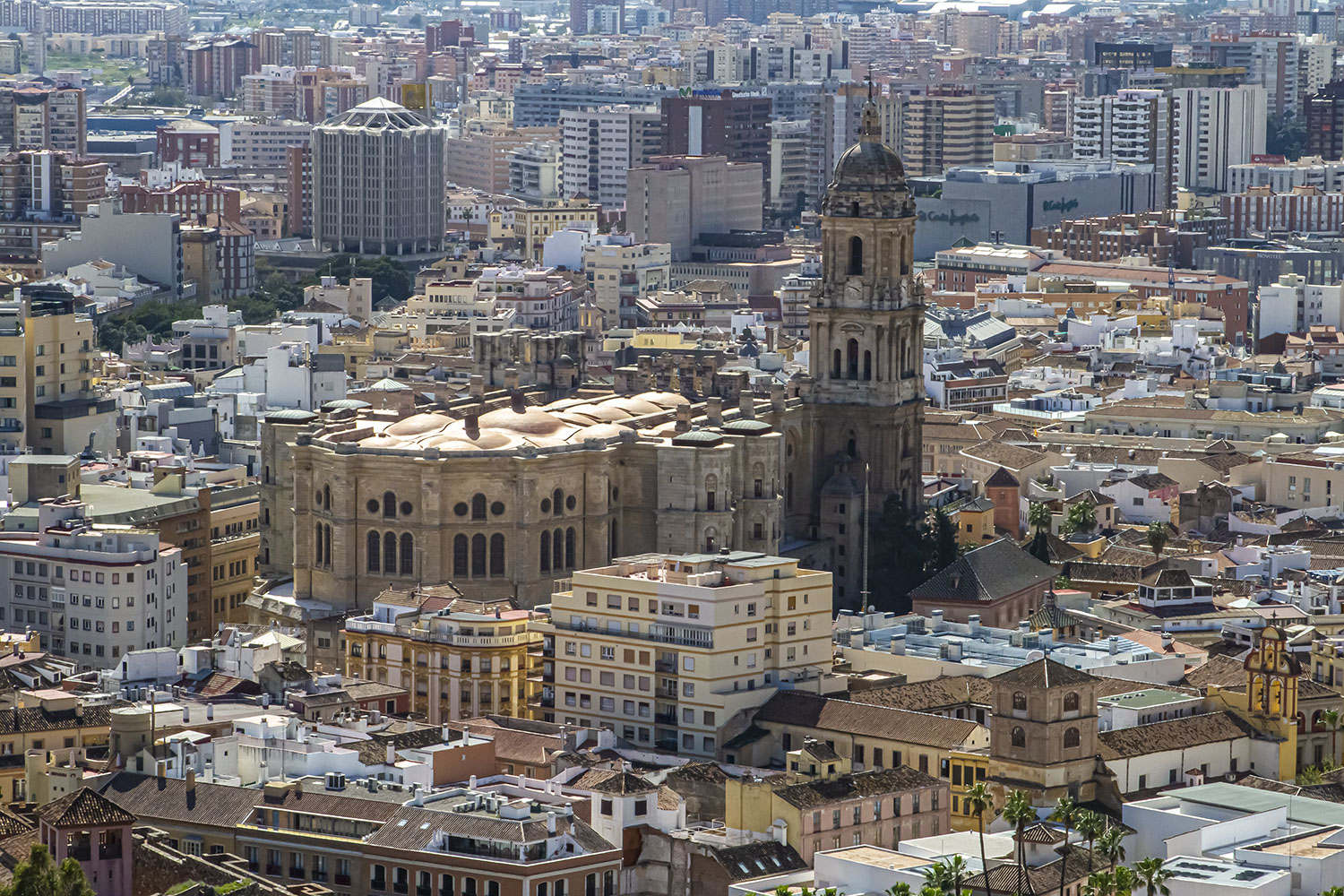 Spain, Cathederal in Malaga, taken from the footpath to Monte Gibralfaro.