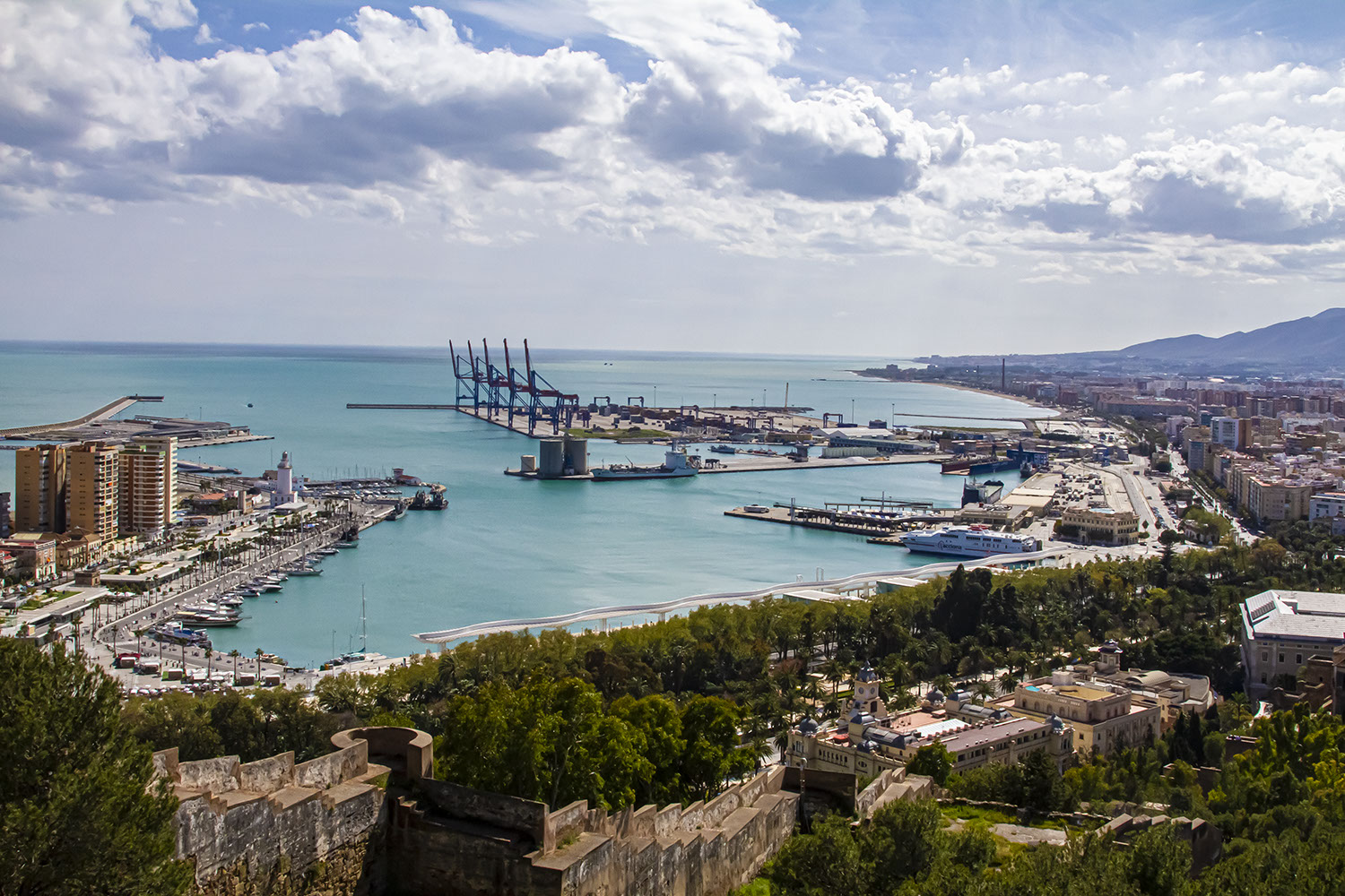 Spain, Port and Docks in Malaga, taken from the footpath to Monte Gibralfaro.